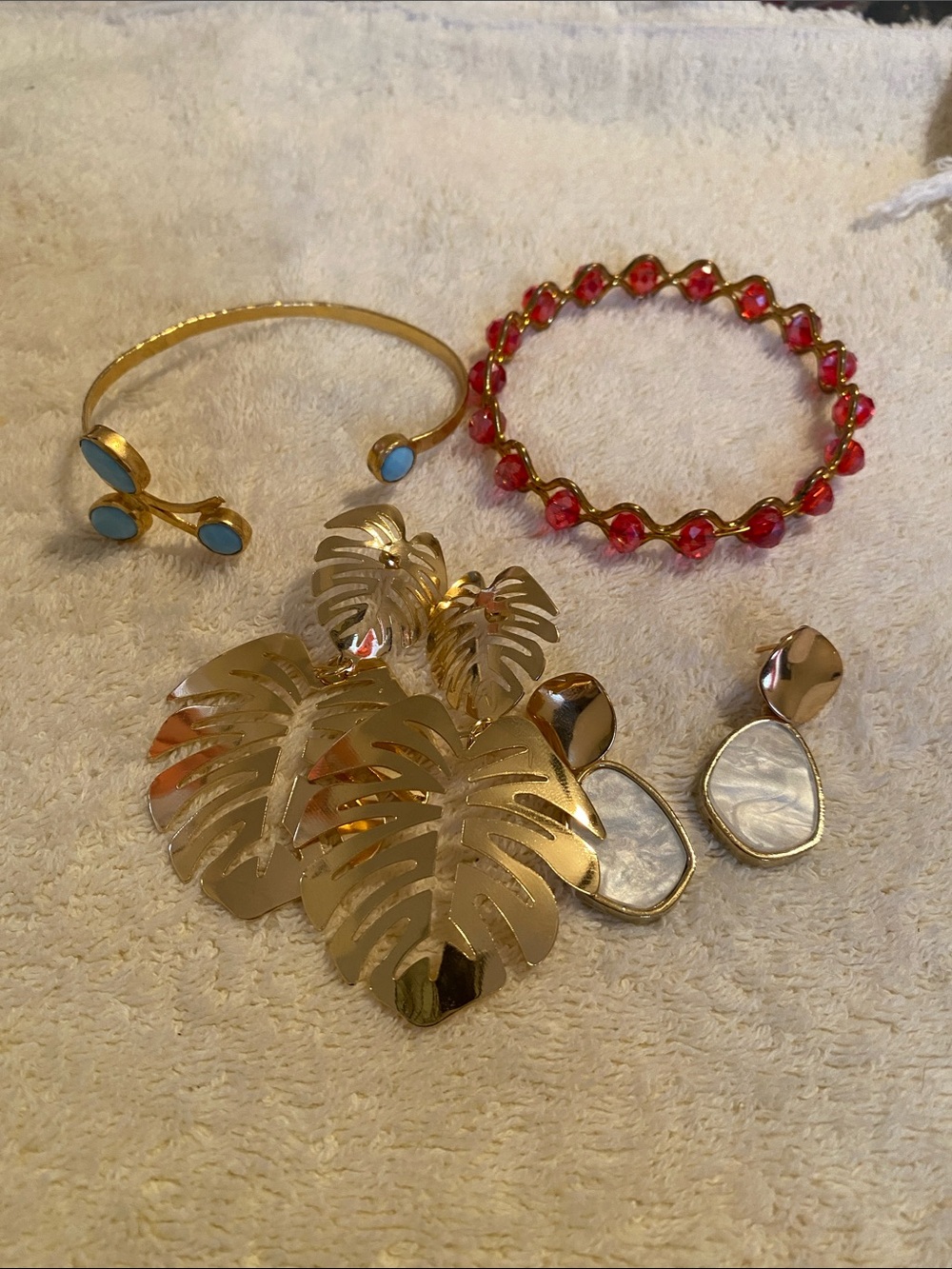 Gold Leaf Cuff Bracelet with Red Beaded Accent